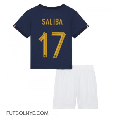 Camiseta Francia William Saliba #17 Primera Equipación para niños Mundial 2022 manga corta (+ pantalones cortos)